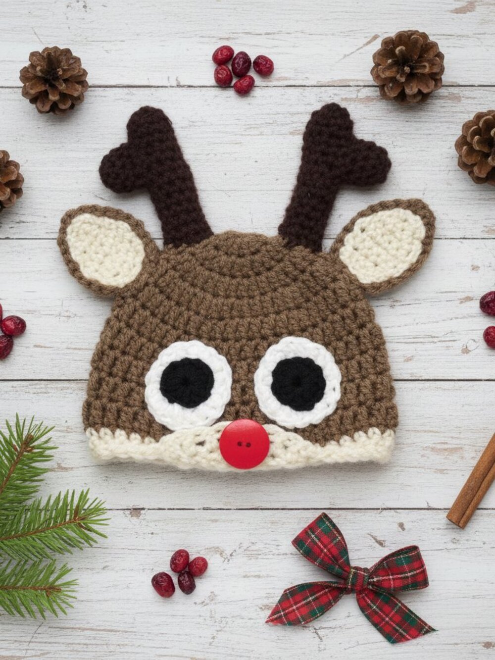Red-Nosed Reindeer Crochet Baby Hat | Newborn Beanie | Baby's First Christmas